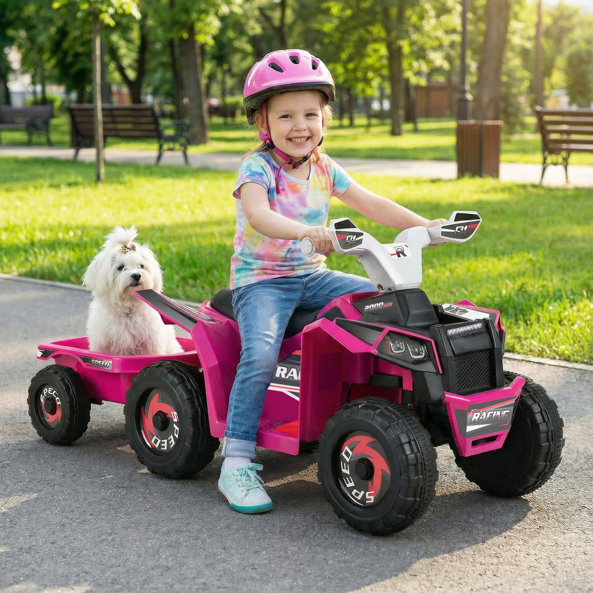 Coche quad eléctrico infantil de 6V con remolque desmontable