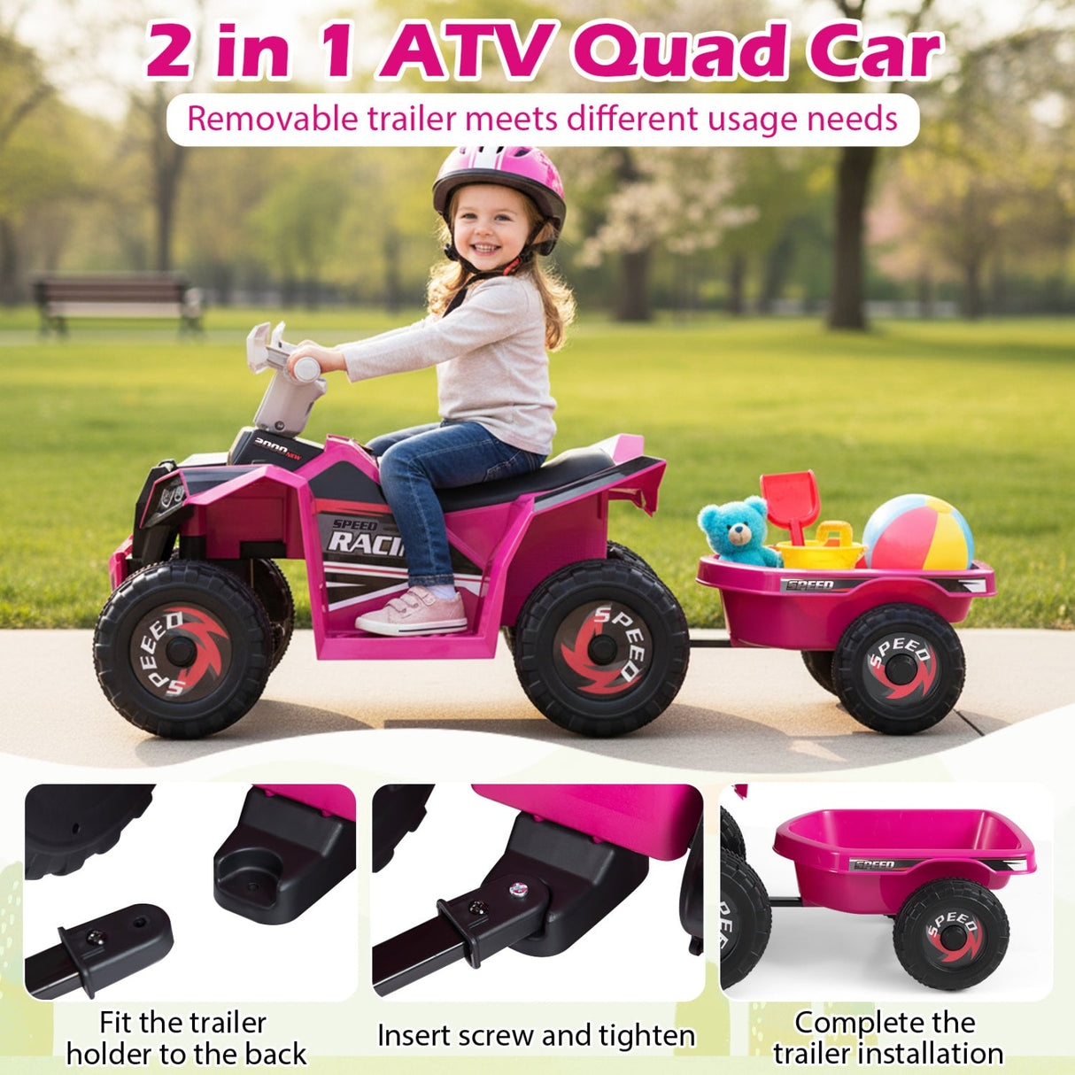 Coche quad eléctrico infantil de 6V con remolque desmontable