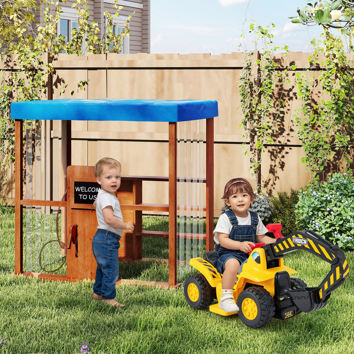 Kids Gas Station Playhouse with Gas Refueling Guns for Aged 3+-Brown