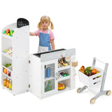 Tienda de comestibles de juguete para niños, de madera, convertible con carrito de compras - Blanca
