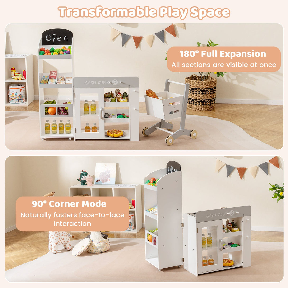 Tienda de comestibles de juguete para niños, de madera, convertible con carrito de compras - Blanca