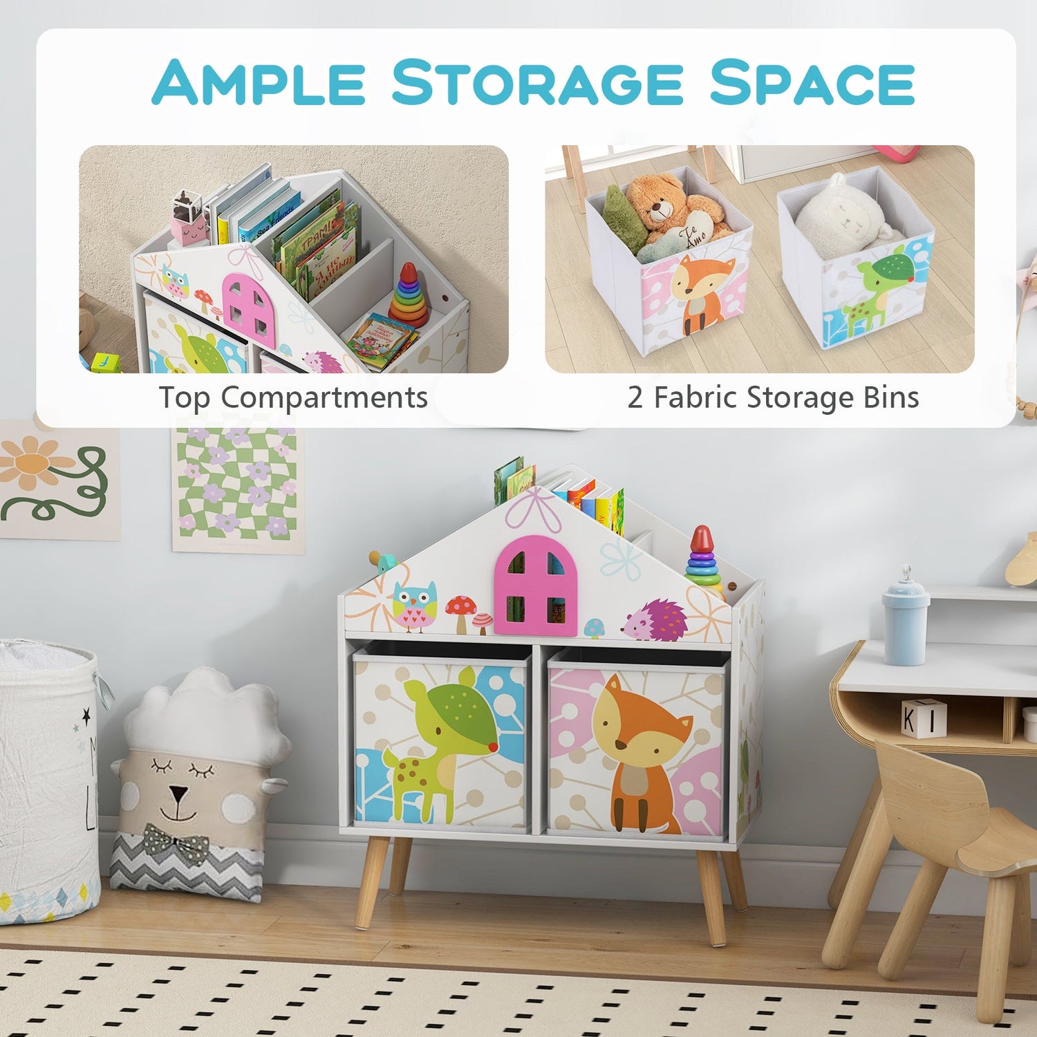 Estantería infantil con forma de casa y 2 cajones de almacenamiento para sala de juegos o habitación infantil - Blanca