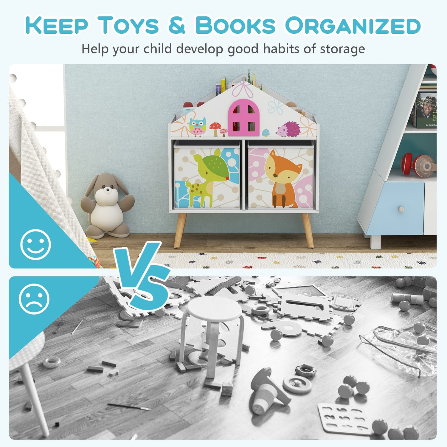 Estantería infantil con forma de casa y 2 cajones de almacenamiento para sala de juegos o habitación infantil - Blanca