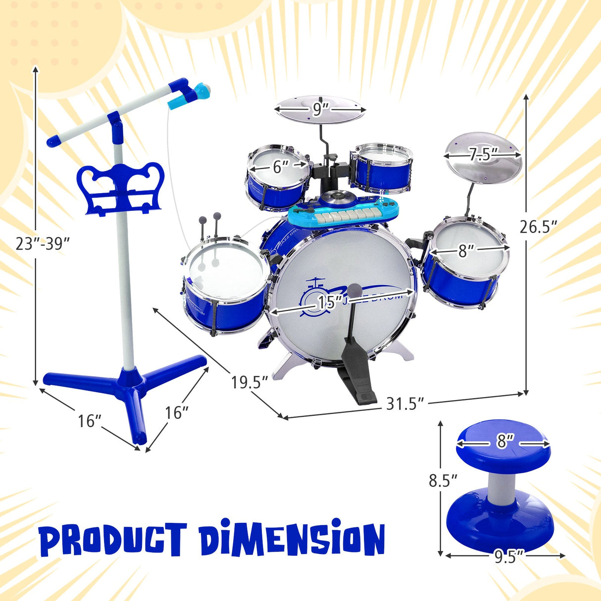 Set de batería y teclado de jazz para niños con taburete y soporte de micrófono