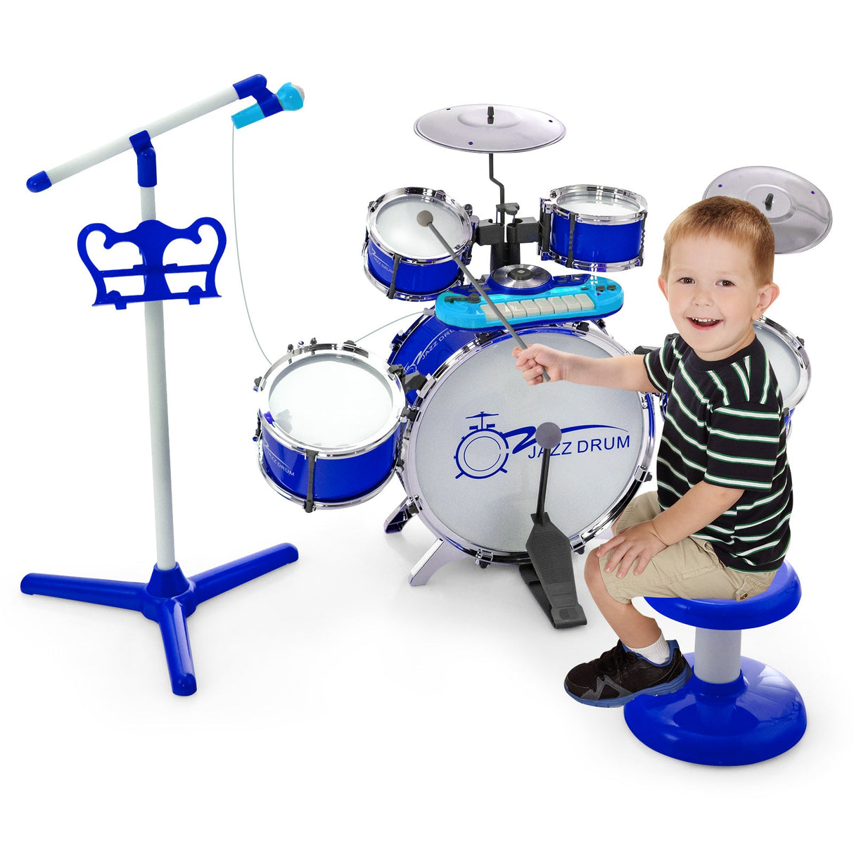 Set de batería y teclado de jazz para niños con taburete y soporte de micrófono