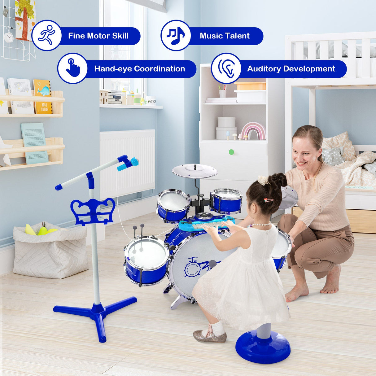 Set de batería y teclado de jazz para niños con taburete y soporte de micrófono