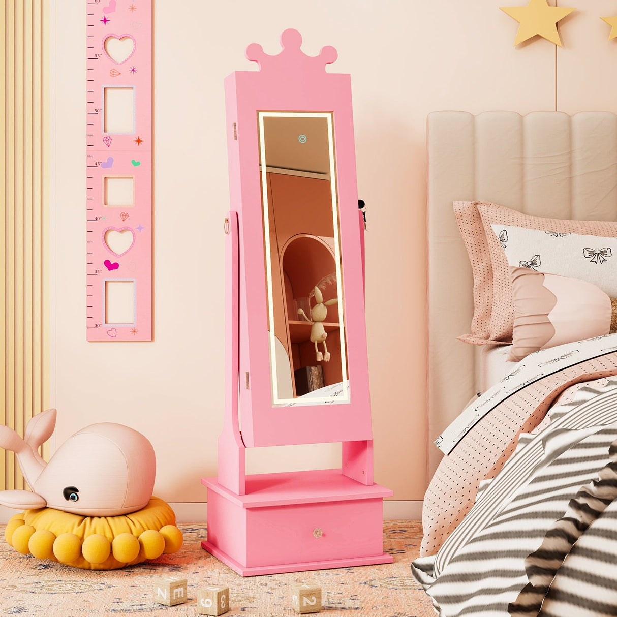 Joyerero infantil con espejo de cuerpo entero iluminado de 3 colores y luces LED interiores
