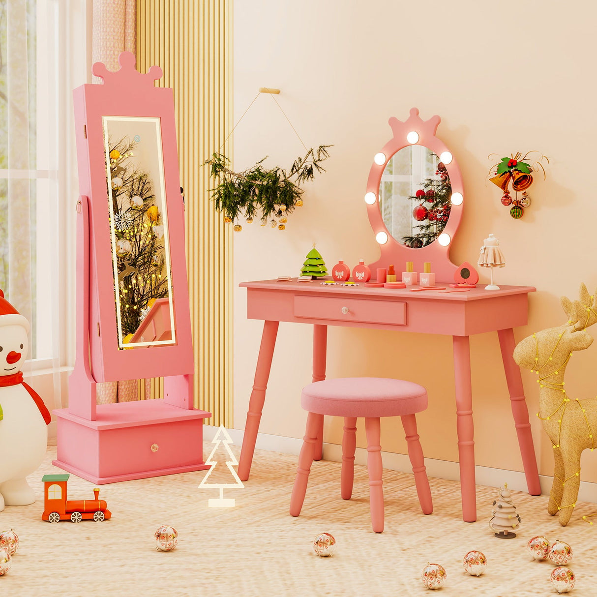 Joyerero infantil con espejo de cuerpo entero iluminado de 3 colores y luces LED interiores