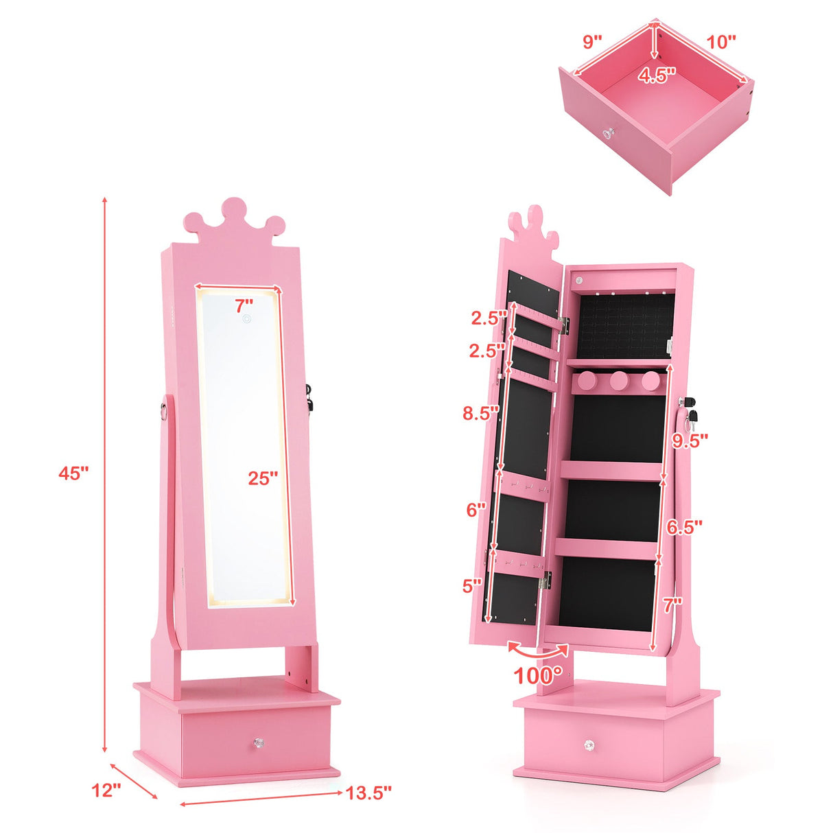 Joyerero infantil con espejo de cuerpo entero iluminado de 3 colores y luces LED interiores