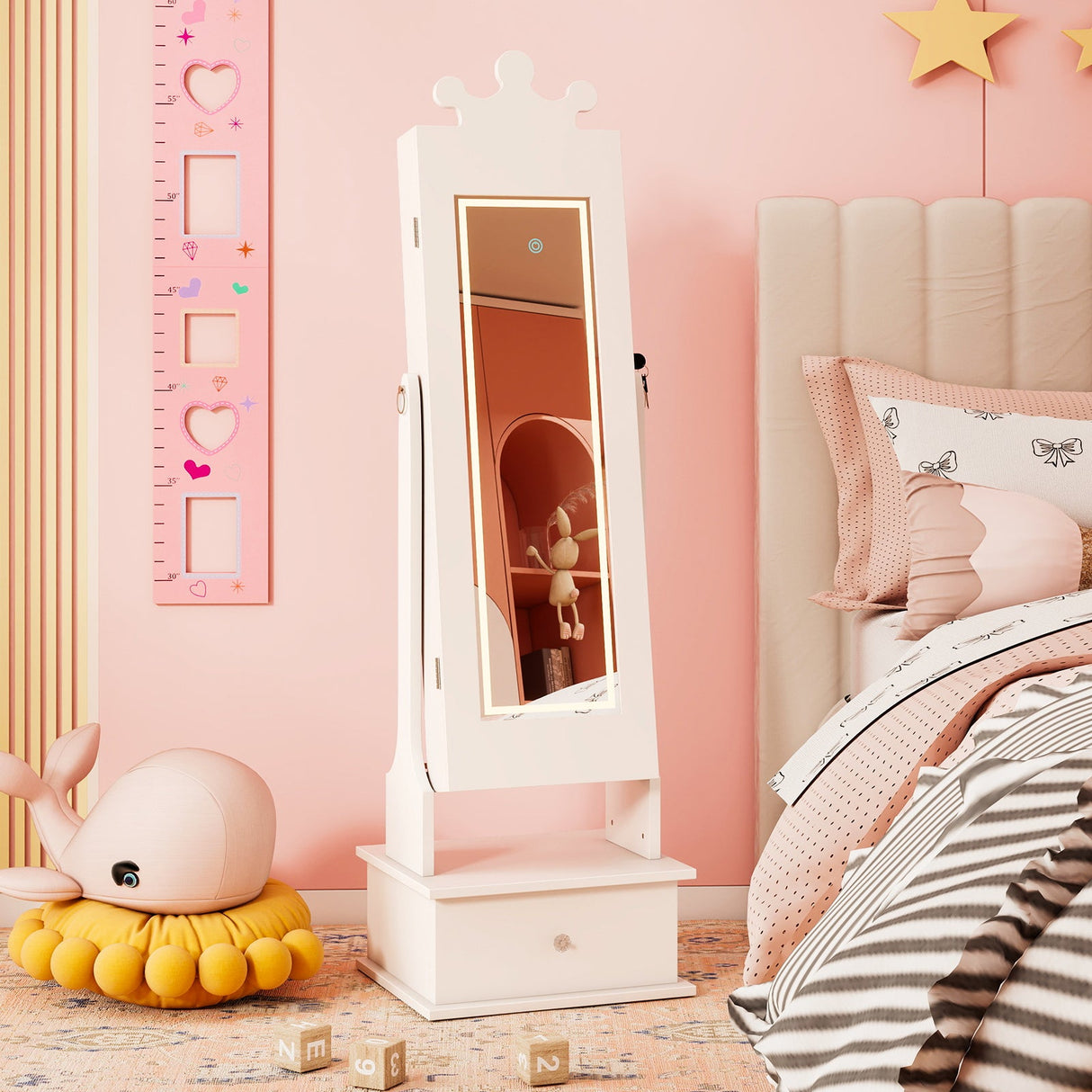 Joyerero infantil con espejo de cuerpo entero iluminado de 3 colores y luces LED interiores