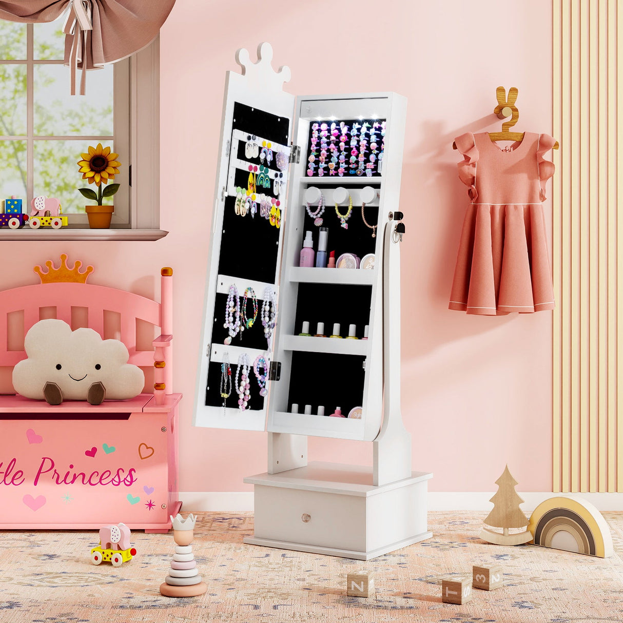 Joyerero infantil con espejo de cuerpo entero iluminado de 3 colores y luces LED interiores