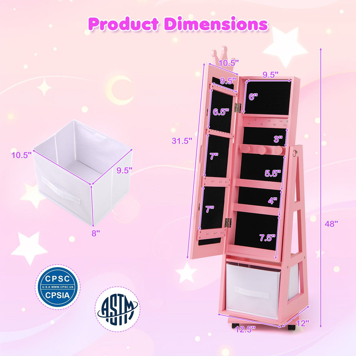 Gabinete Armario para Joyas de Niños con Base Giratoria y Ruedas Universales con Cierre