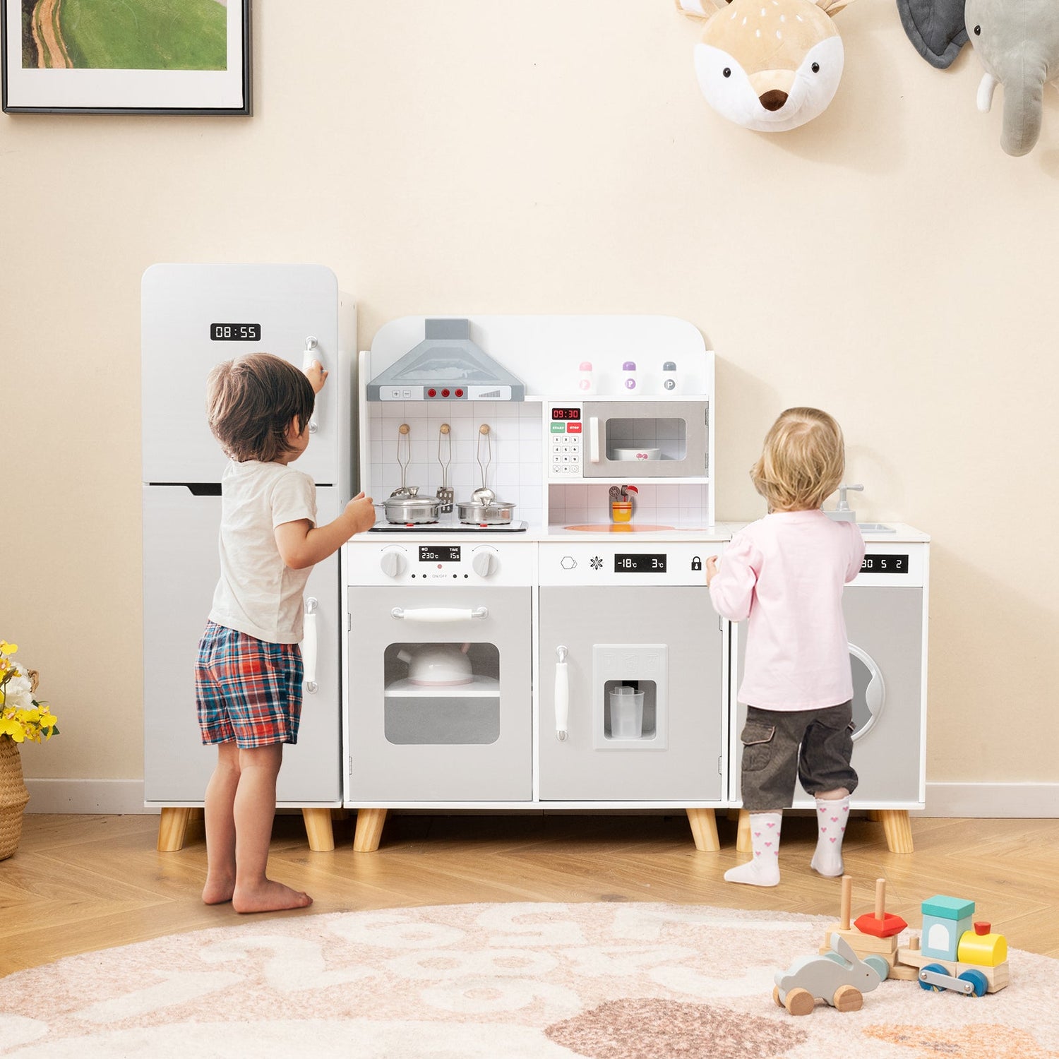 Juego de cocina infantil 3 en 1 con refrigerador y lavadora-Gris
