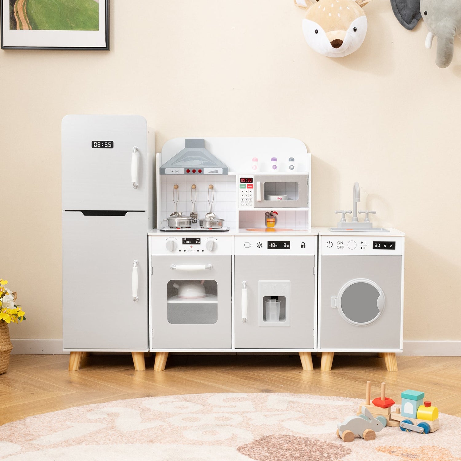 Juego de cocina infantil 3 en 1 con refrigerador y lavadora-Gris