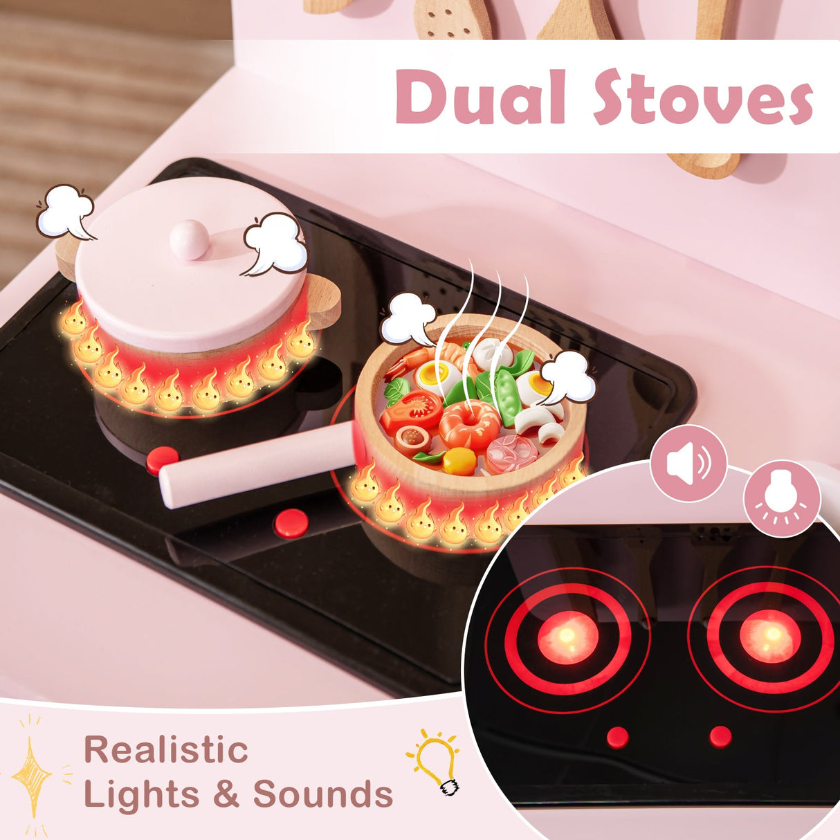 Juego de cocina de juguete para niños con accesorios de cocina y almacenamiento