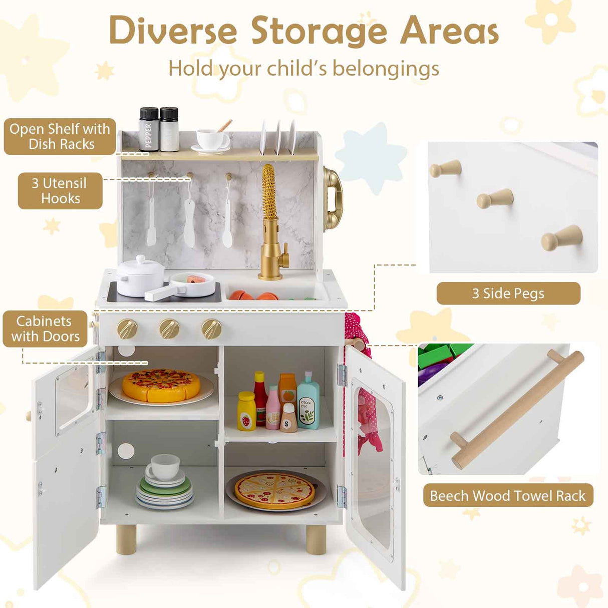 Kids Kitchen Set Pretend Play Kitchen with Stoves Faucet Sink Telephone Microwave and Oven-White
