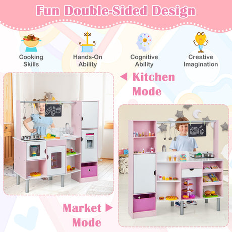 Cocina y Mercado Infantil 2 en 1 de Doble Cara con Luces y Sonidos Realistas - Rosa