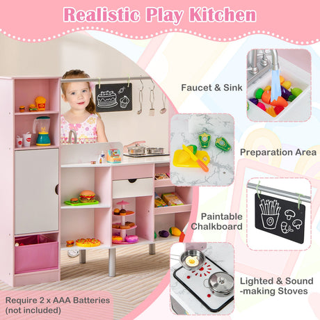 Cocina y Mercado Infantil 2 en 1 de Doble Cara con Luces y Sonidos Realistas - Rosa
