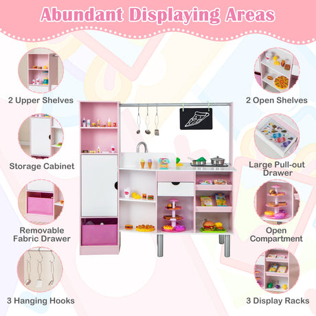 Cocina y Mercado Infantil 2 en 1 de Doble Cara con Luces y Sonidos Realistas - Rosa