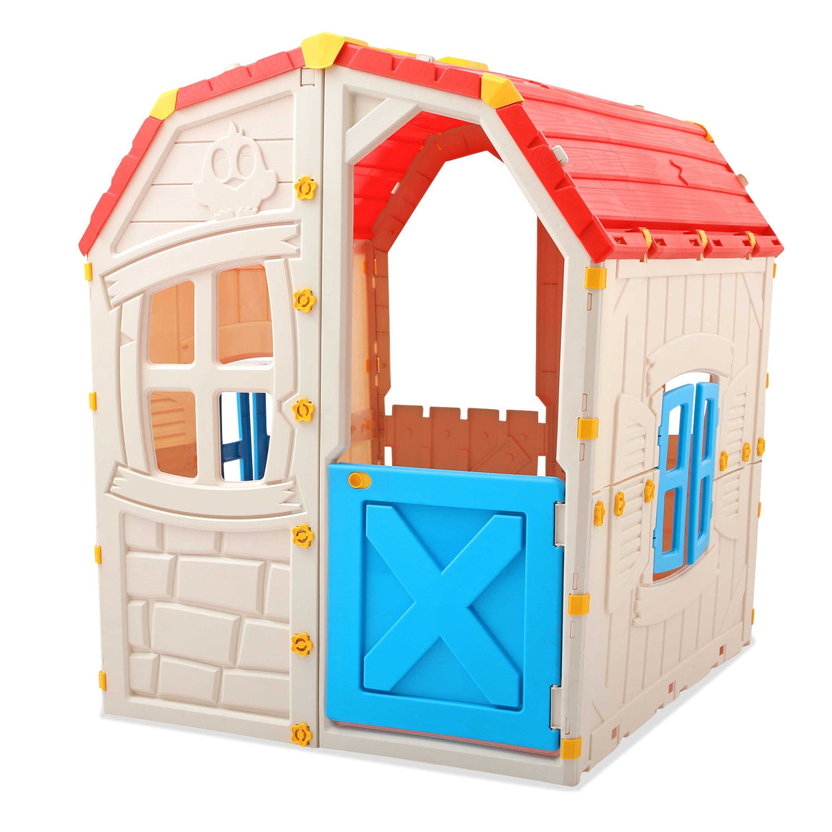Casa de juegos de exterior para niños con ventanas y puerta que se abren para uso en interiores
