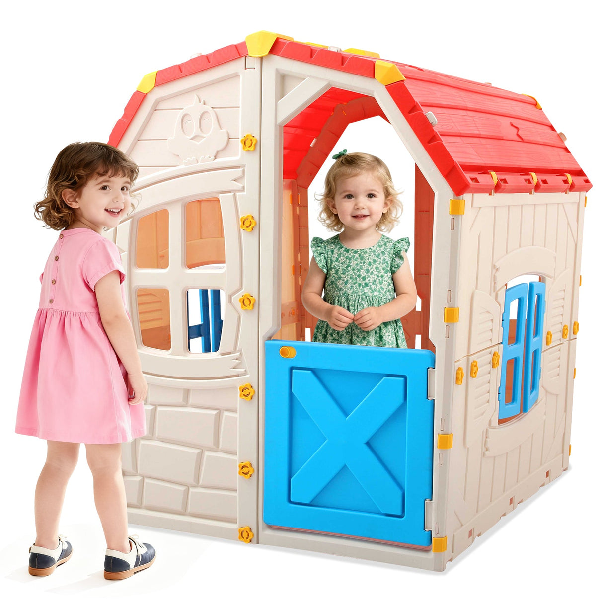 Casa de juegos de exterior para niños con ventanas y puerta que se abren para uso en interiores