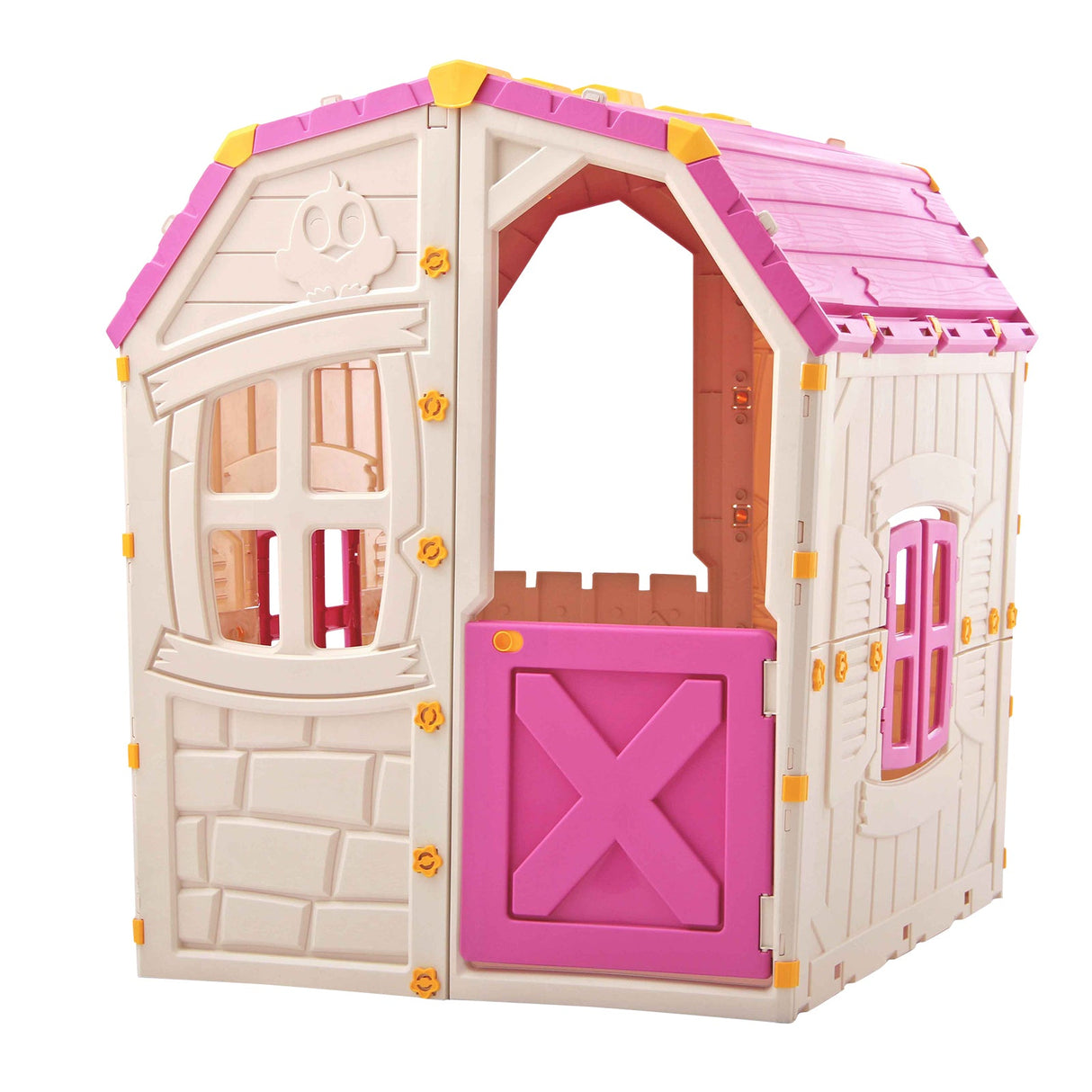 Casa de juegos de exterior para niños con ventanas y puerta que se abren para uso en interiores
