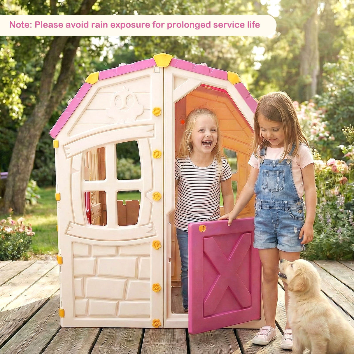 Casa de juegos de exterior para niños con ventanas y puerta que se abren para uso en interiores