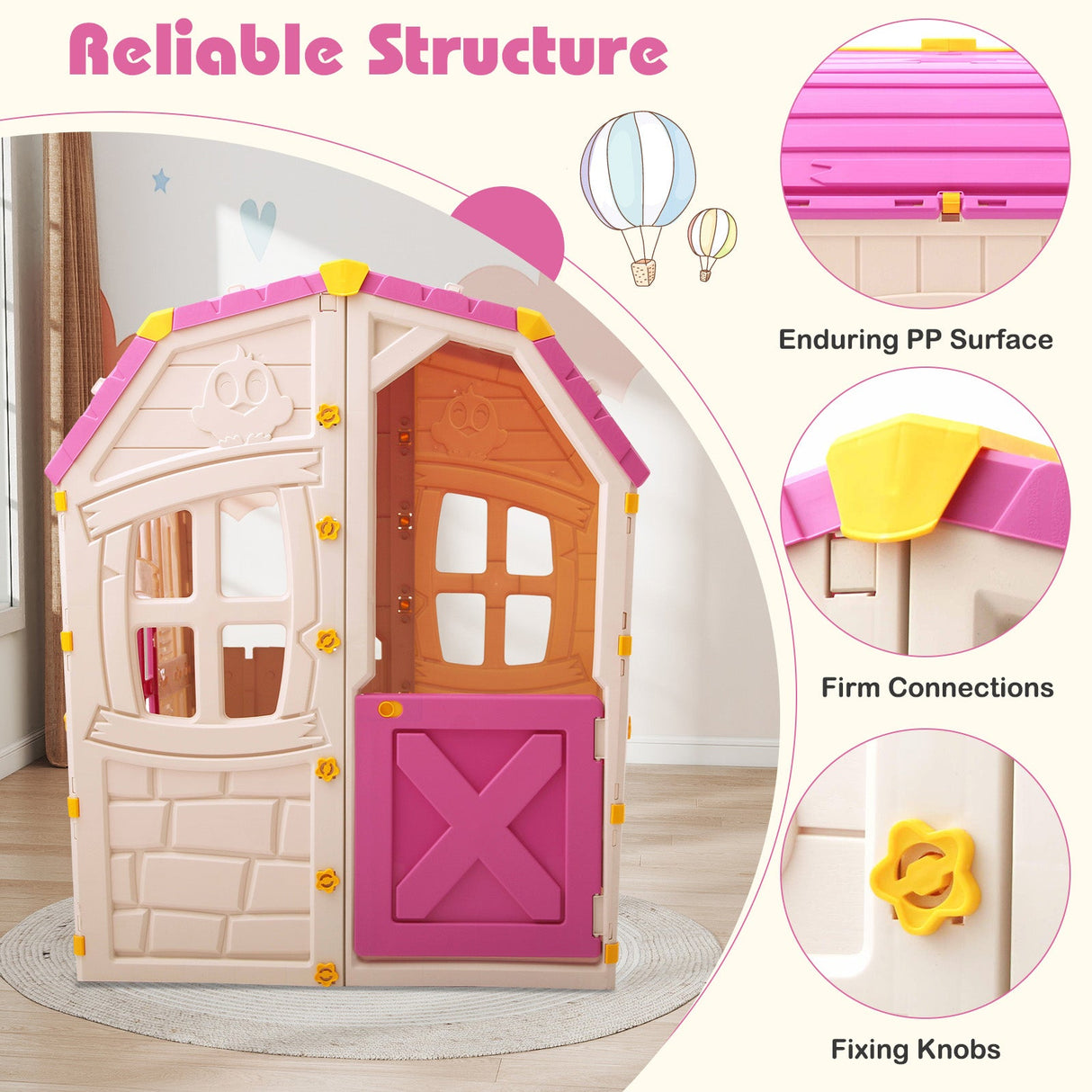Casa de juegos de exterior para niños con ventanas y puerta que se abren para uso en interiores