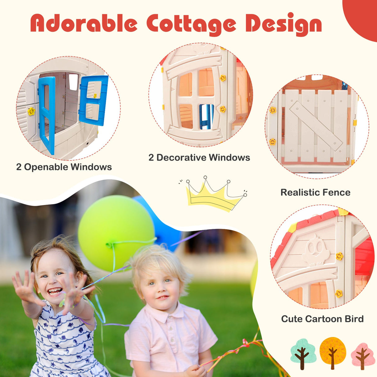 Casa de juegos de exterior para niños con ventanas y puerta que se abren para uso en interiores
