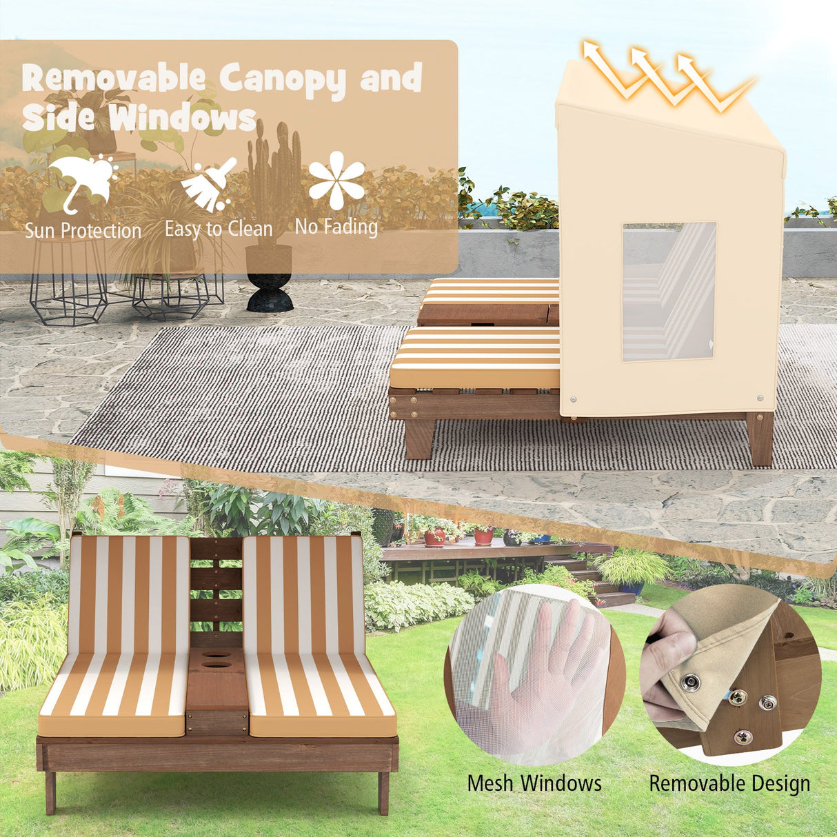 Sillón reclinable para patio para niños con portavasos y toldo