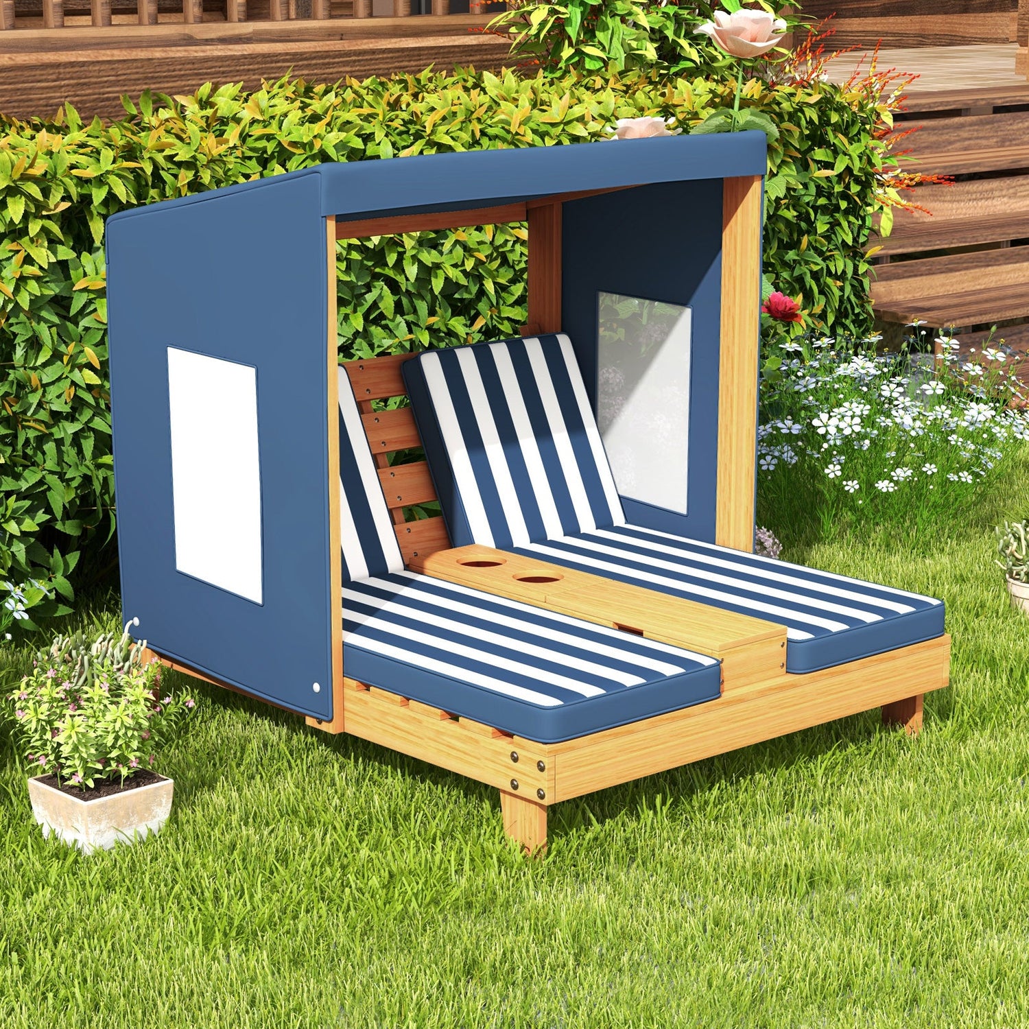Sillón reclinable para patio para niños con portavasos y toldo