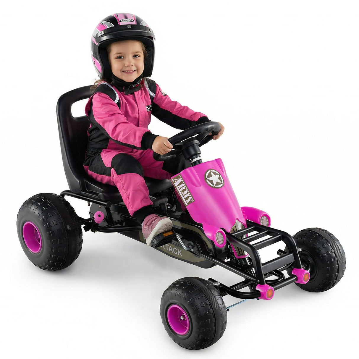 Coche de pedales para niños con volante, palanca de cambios y freno de mano