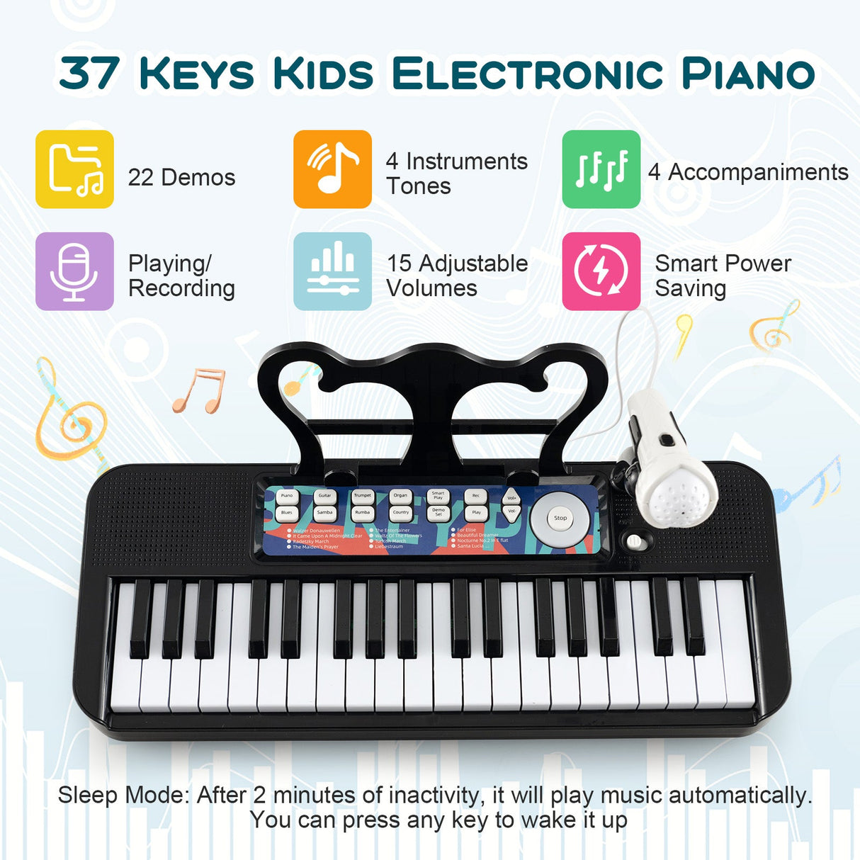 Teclado de piano para niños de 37 teclas con micrófono para niños de 3+ años