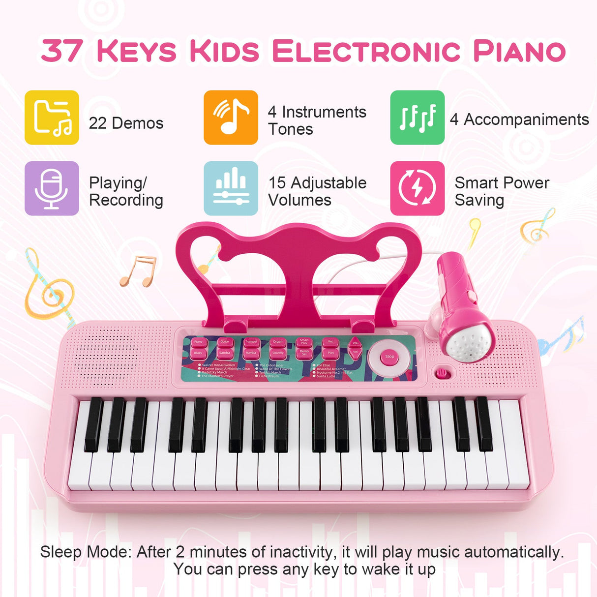 Teclado de piano para niños de 37 teclas con micrófono para niños de 3+ años