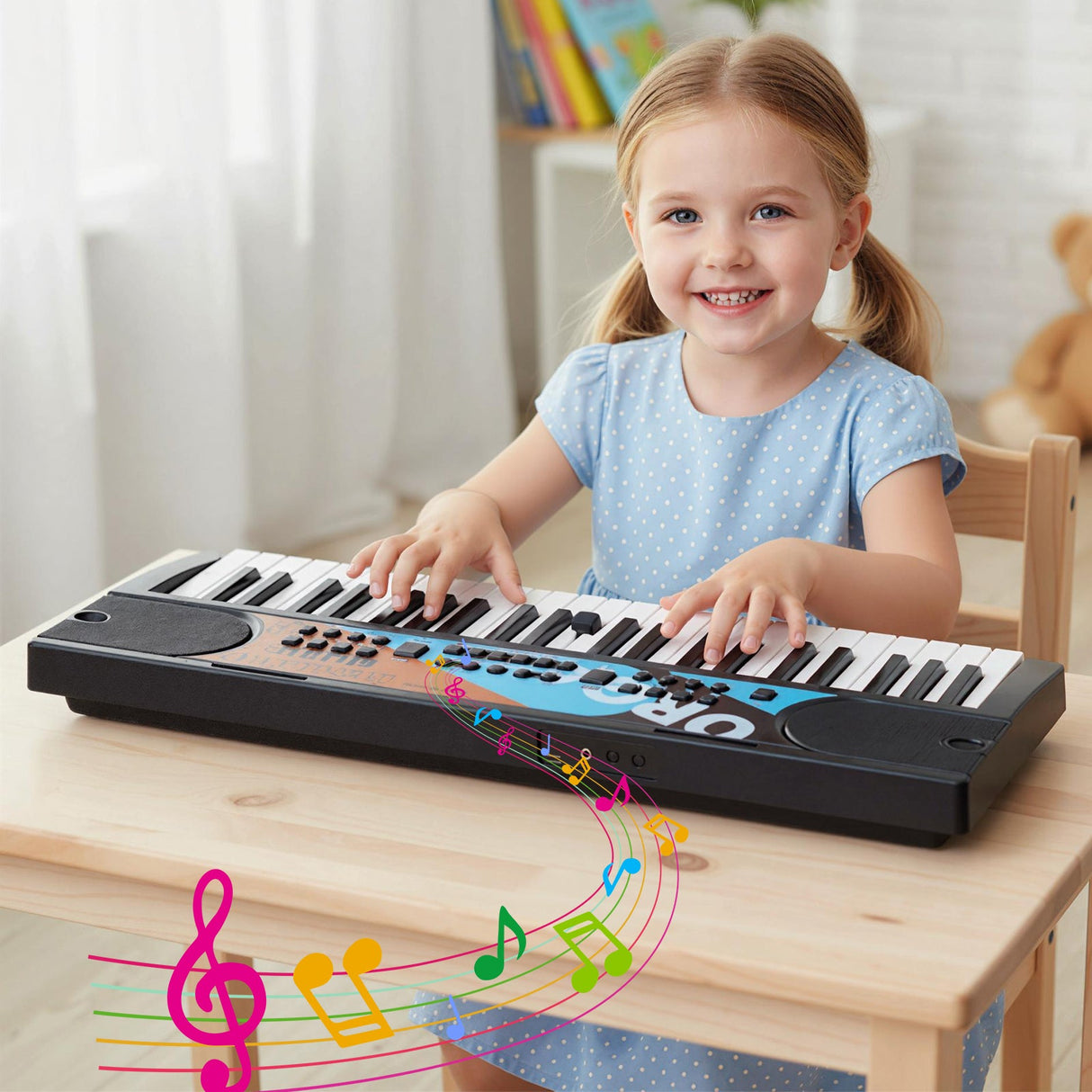 Teclado de piano para niños de 49 teclas, piano de teclado eléctrico portátil con 8 ritmos y 8 tonos