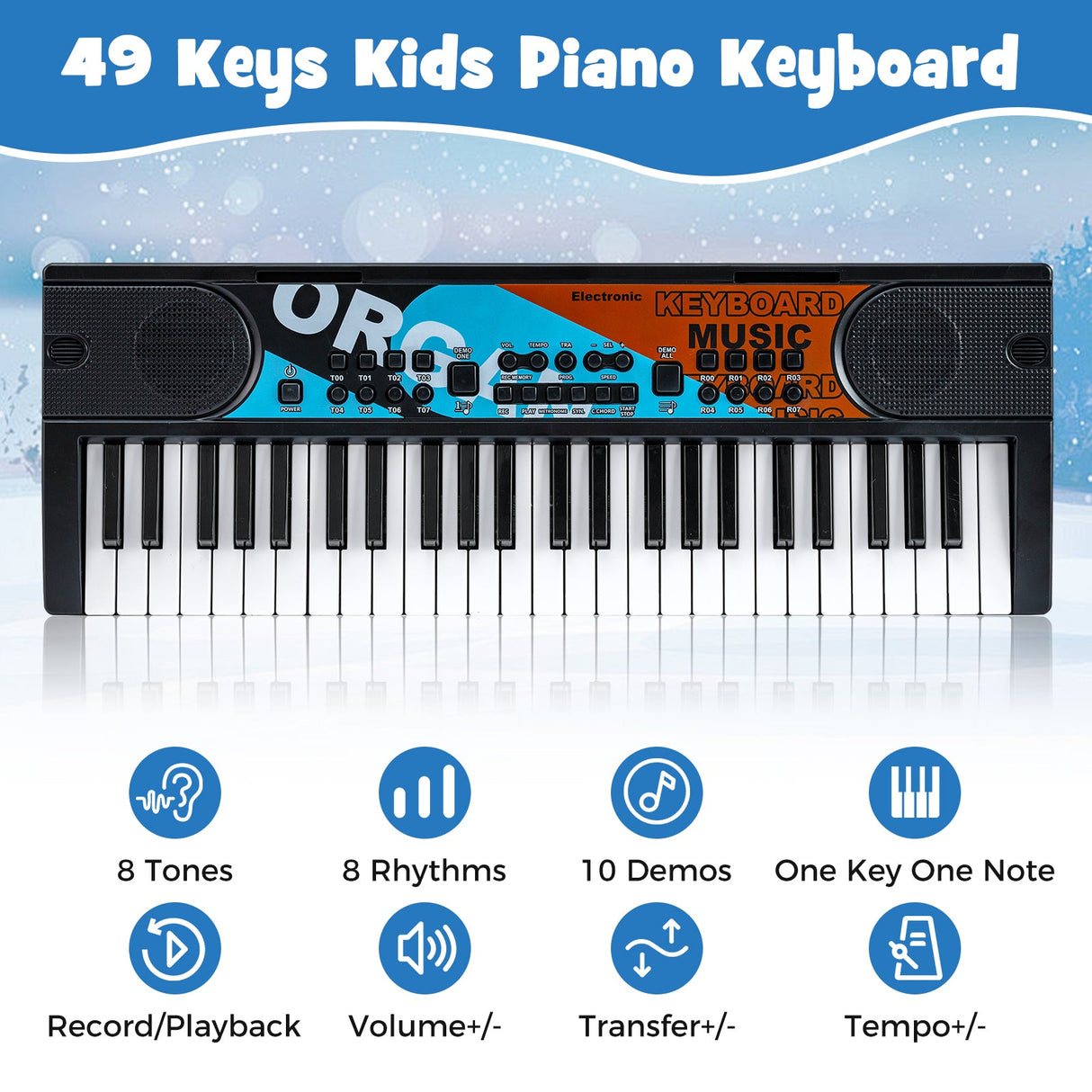 Teclado de piano para niños de 49 teclas, piano de teclado eléctrico portátil con 8 ritmos y 8 tonos