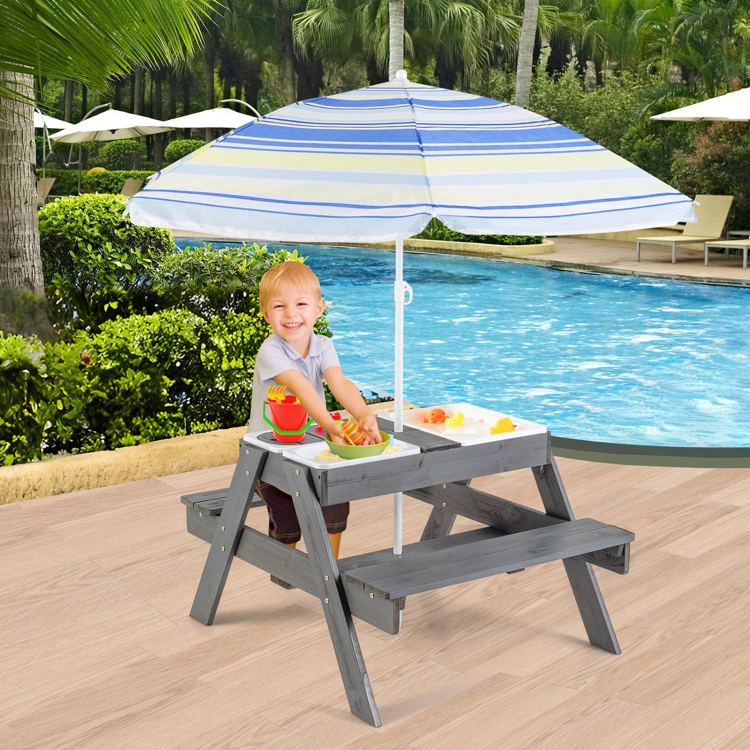Juego de Mesa de Picnic para Niños con 3 Contenedores Extraíbles-Gris