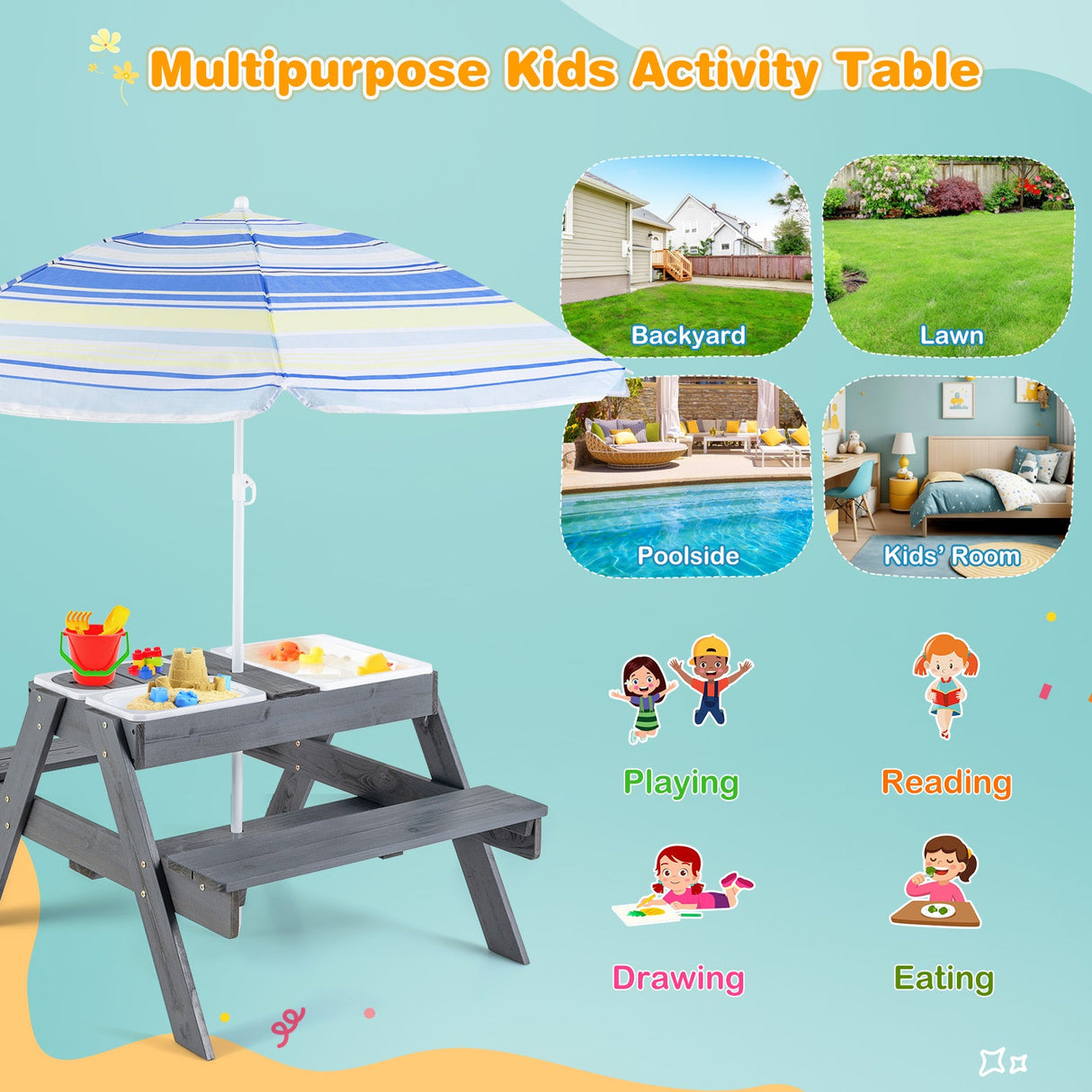 Juego de Mesa de Picnic para Niños con 3 Contenedores Extraíbles-Gris