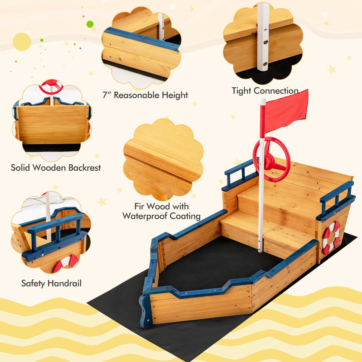 Barco Pirata de Madera Arenero para Niños Juego Exterior