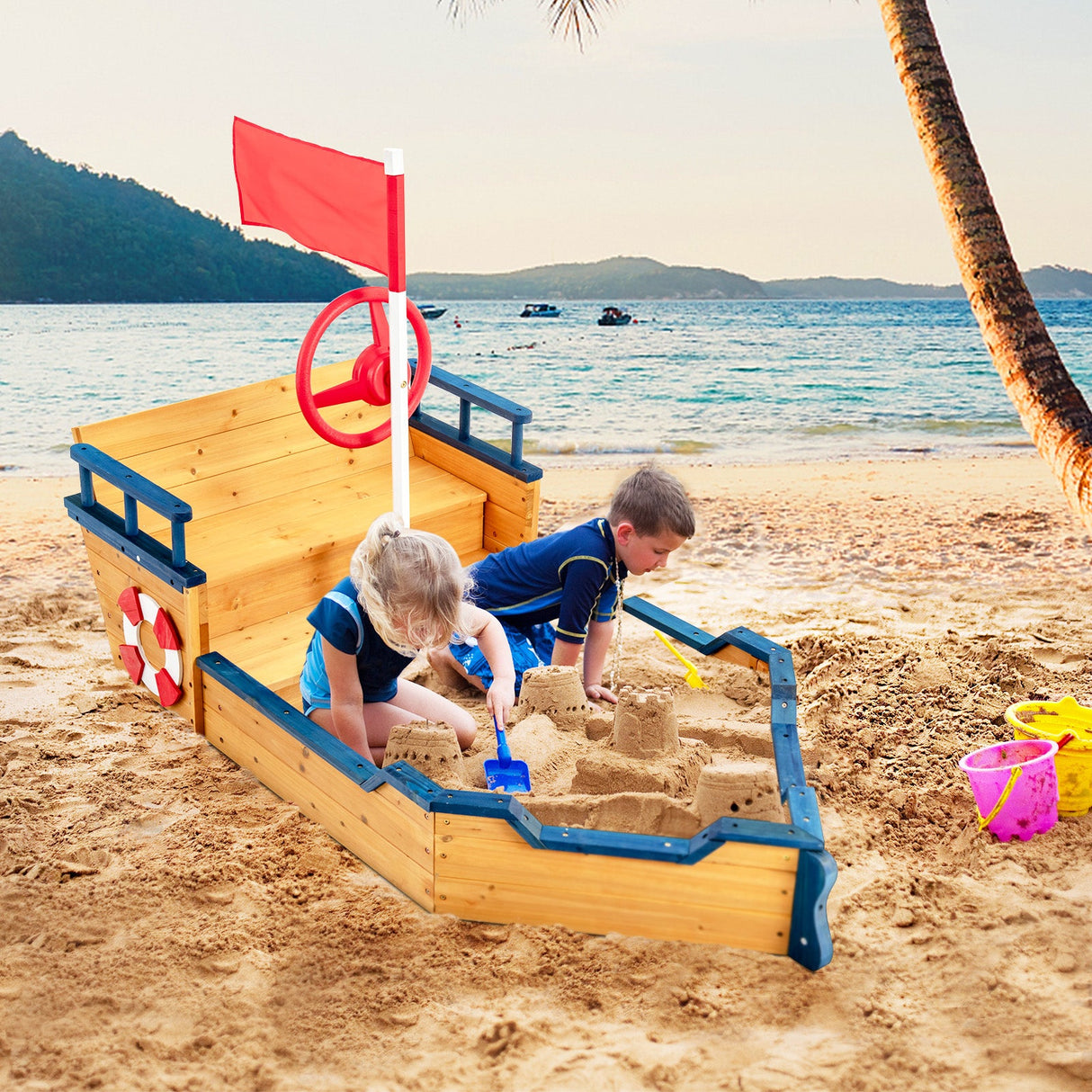Barco Pirata de Madera Arenero para Niños Juego Exterior