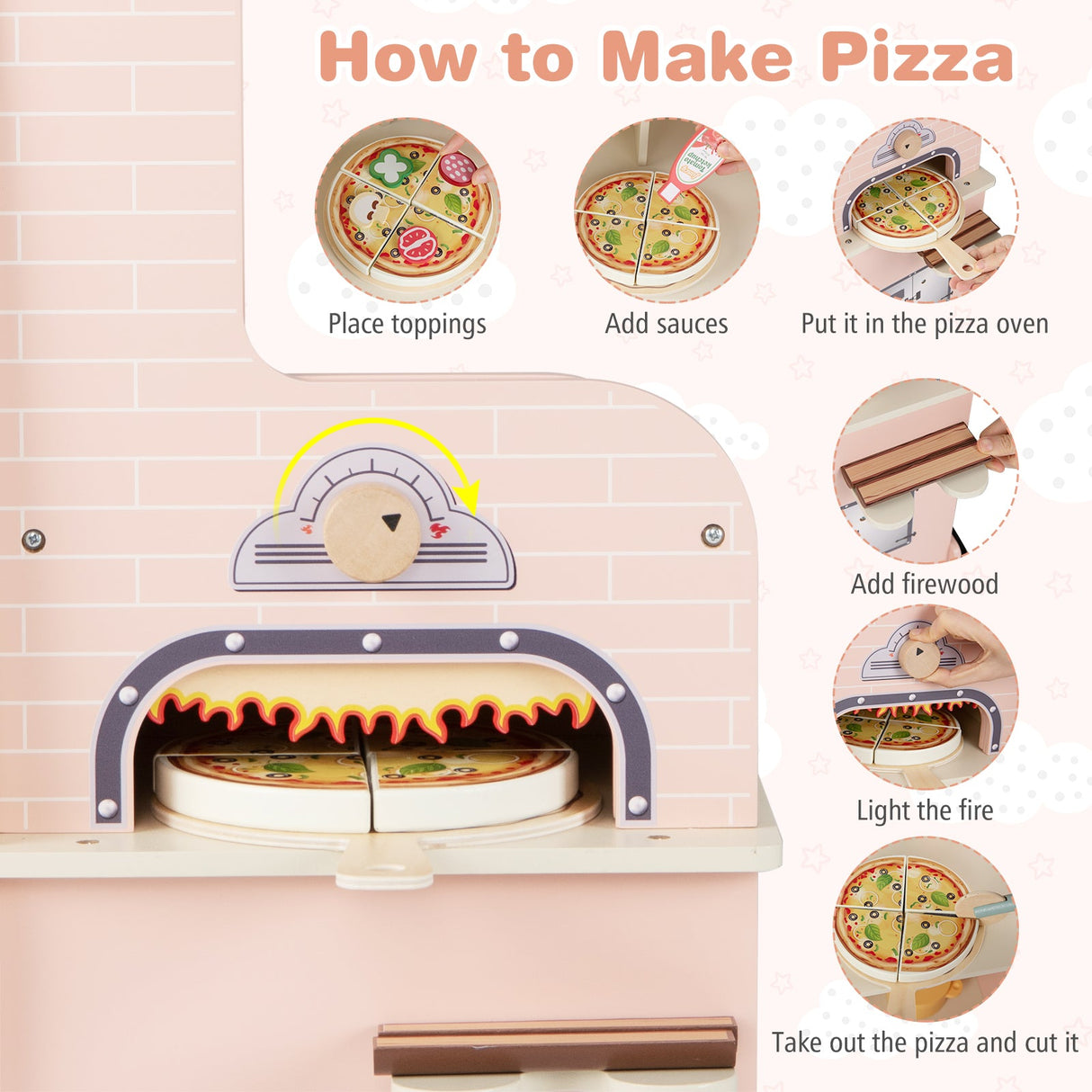 Camión de Comida de Pizza para Niños de Juguete de Madera con Horno - Rosa
