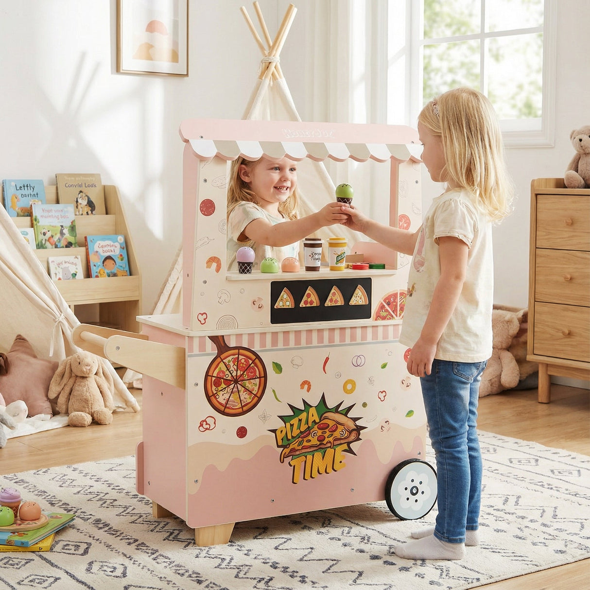 Camión de Comida de Pizza para Niños de Juguete de Madera con Horno - Rosa