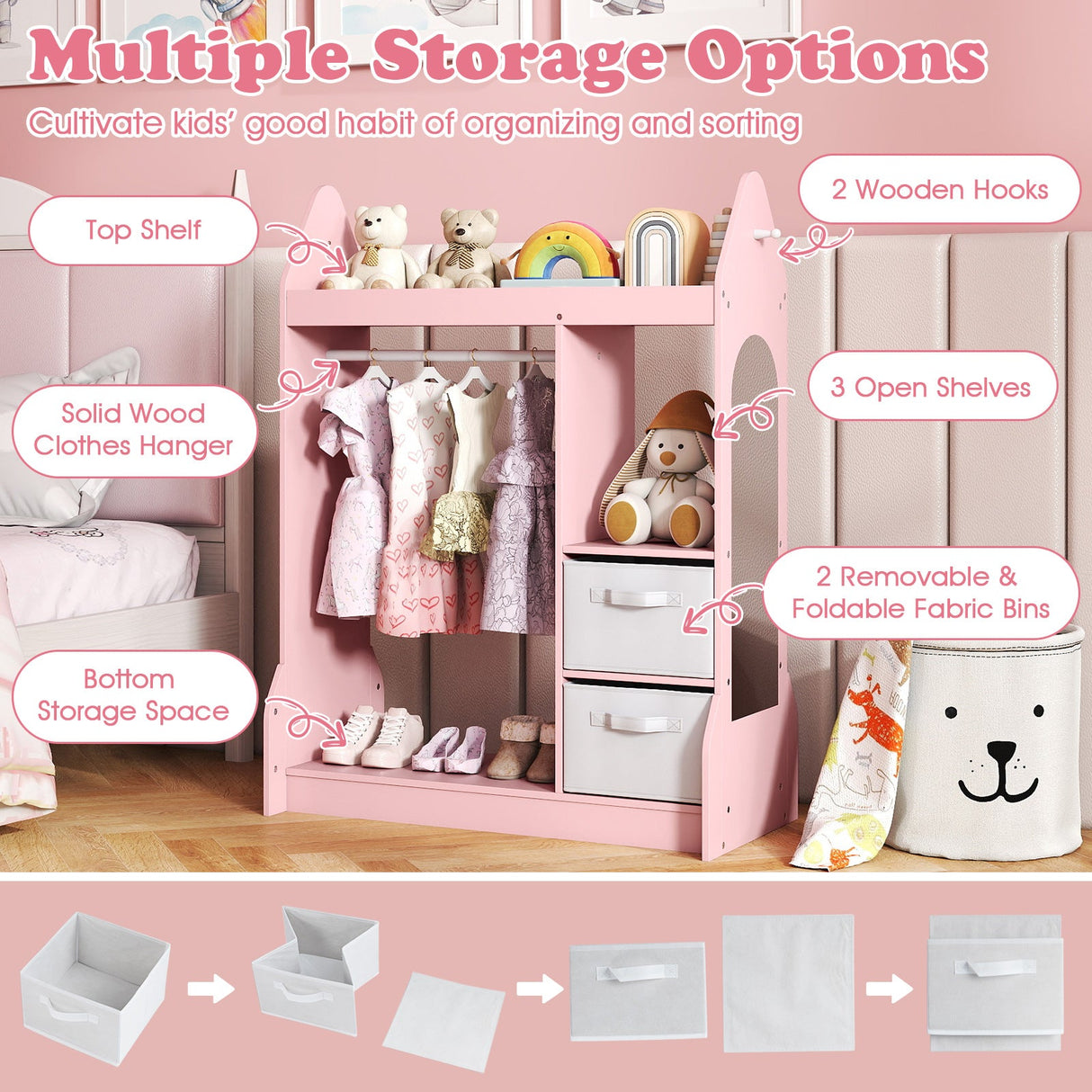 Kids Play Armoire Dresser with Cloth Hanger-Pink
