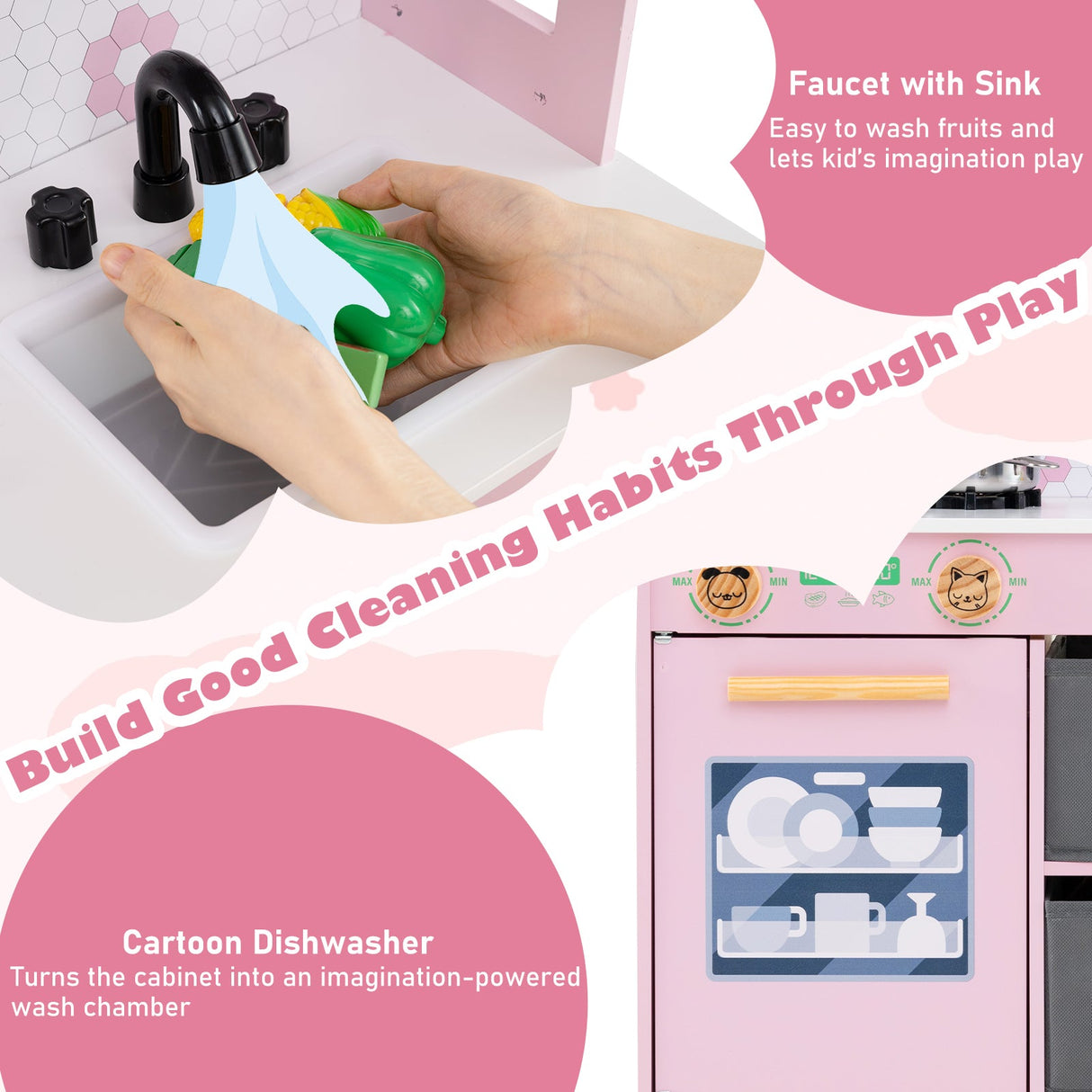 Kids Play Kitchen Children Toy Kitchen Playset with 2 Stoves and Rotation Knobs
