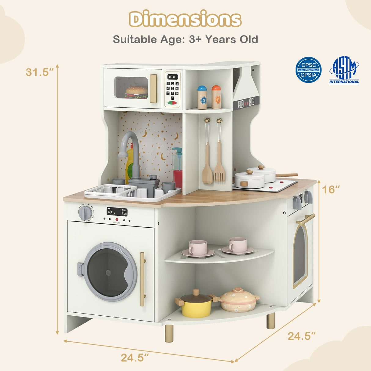 Cocina de Juguete de Madera para Niños, Juego de Cocina Esquinera con Grifo y Fregadero que Funcionan - Beige