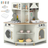 Cocina de Juguete de Madera para Niños, Juego de Cocina Esquinera con Grifo y Fregadero que Funcionan - Beige