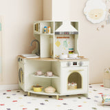 Cocina de Juguete de Madera para Niños, Juego de Cocina Esquinera con Grifo y Fregadero que Funcionan - Beige