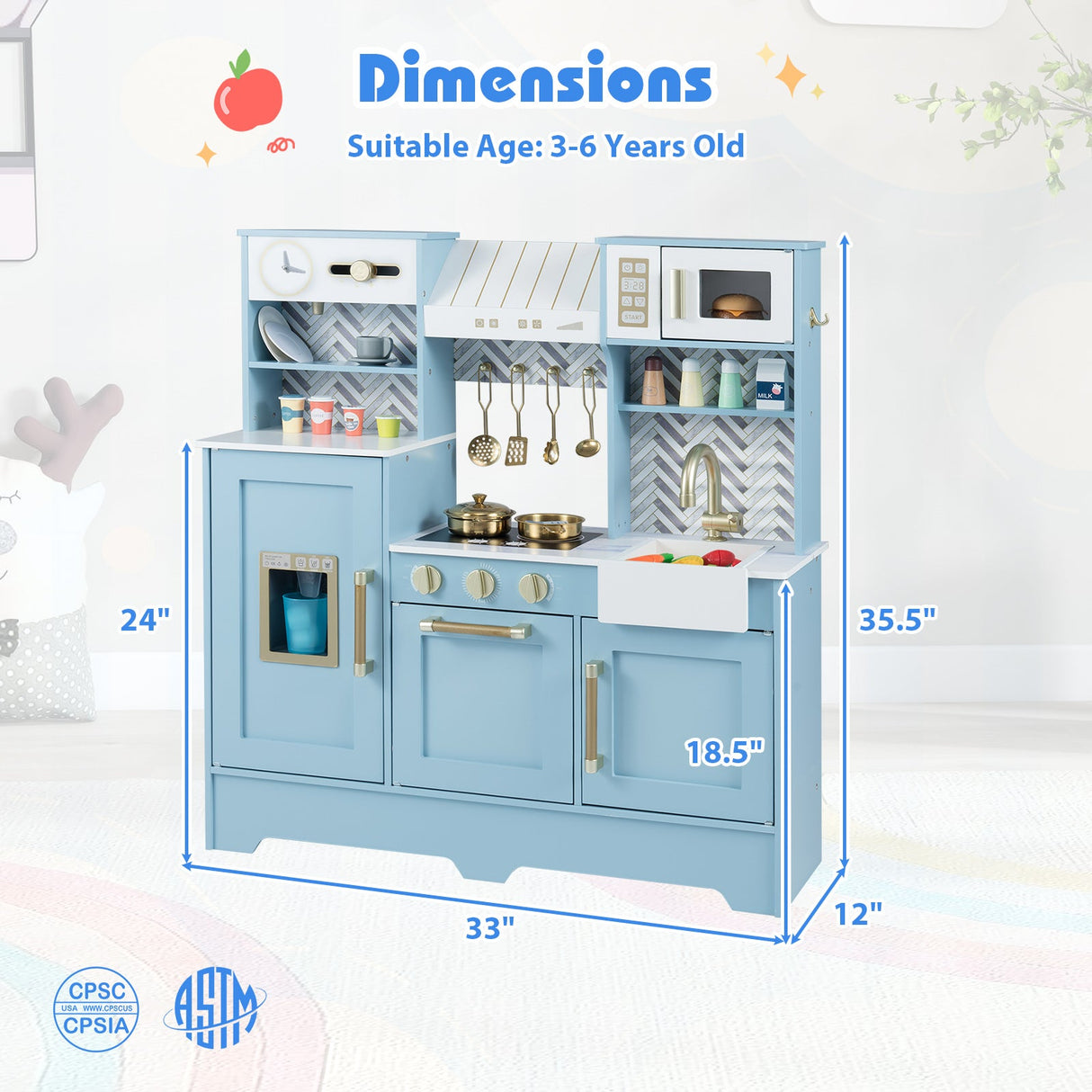 Cocina de juguete para niños con estufas y grifo para niñas y niños de 3 a 6 años