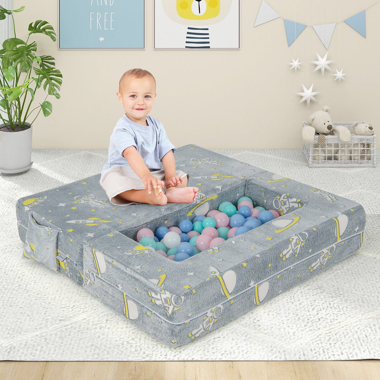 Sofá de juegos para niños con otomana y funda extraíble y lavable a máquina - Gris