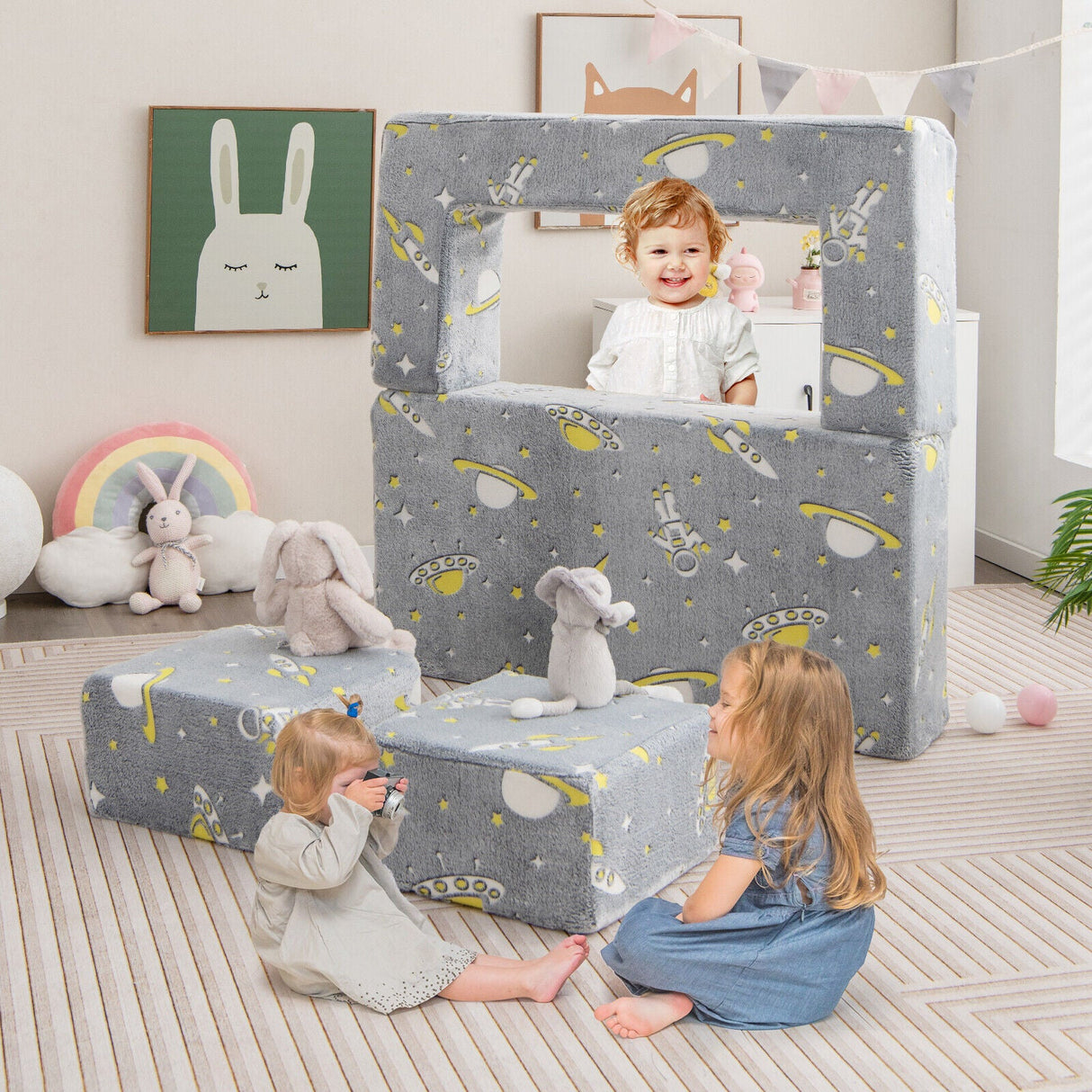 Sofá de juegos para niños con otomana y funda extraíble y lavable a máquina - Gris